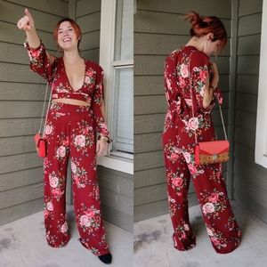 Burgundy Floral Top & Pants Set
